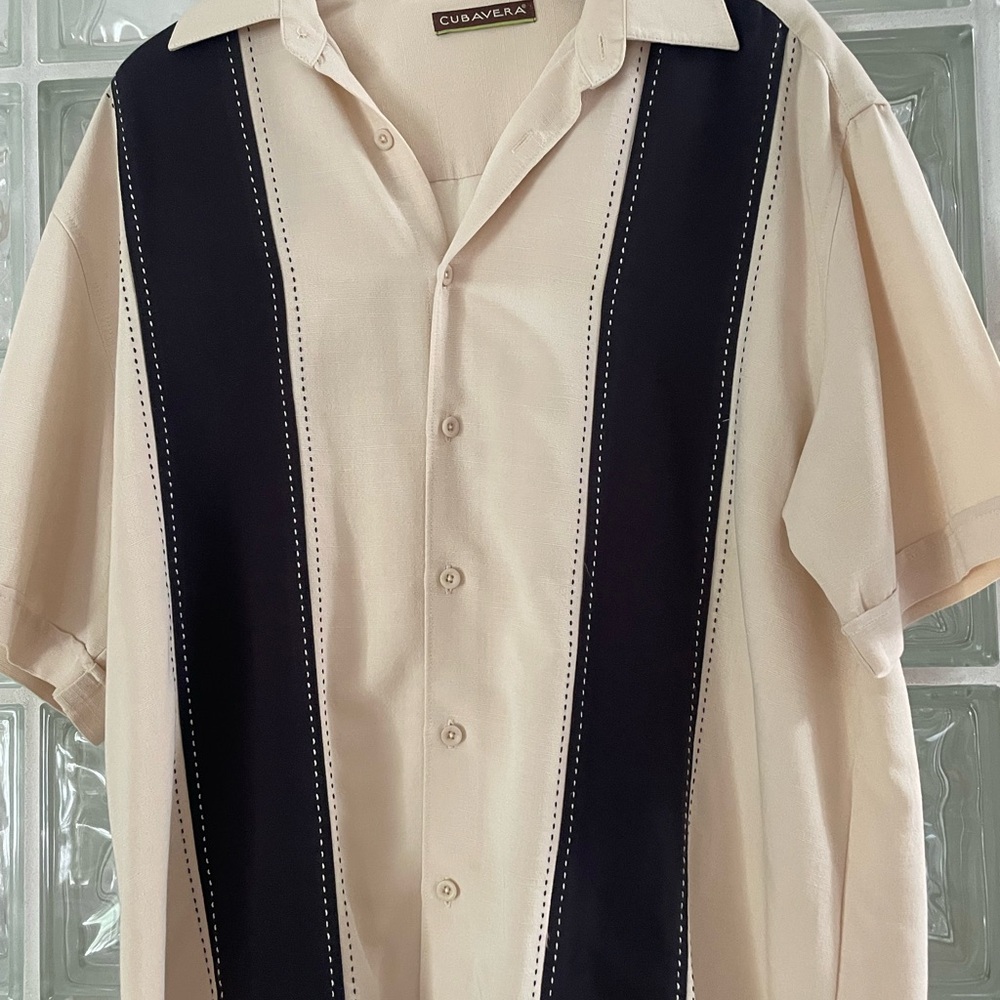 Cubavera Cream Short-Sleeve Button-Down with Black Vertical Panels